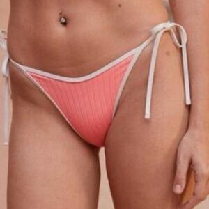 Aerie Pink Cream Rib Cheekiest Strappy Tie Bikini Bottom L